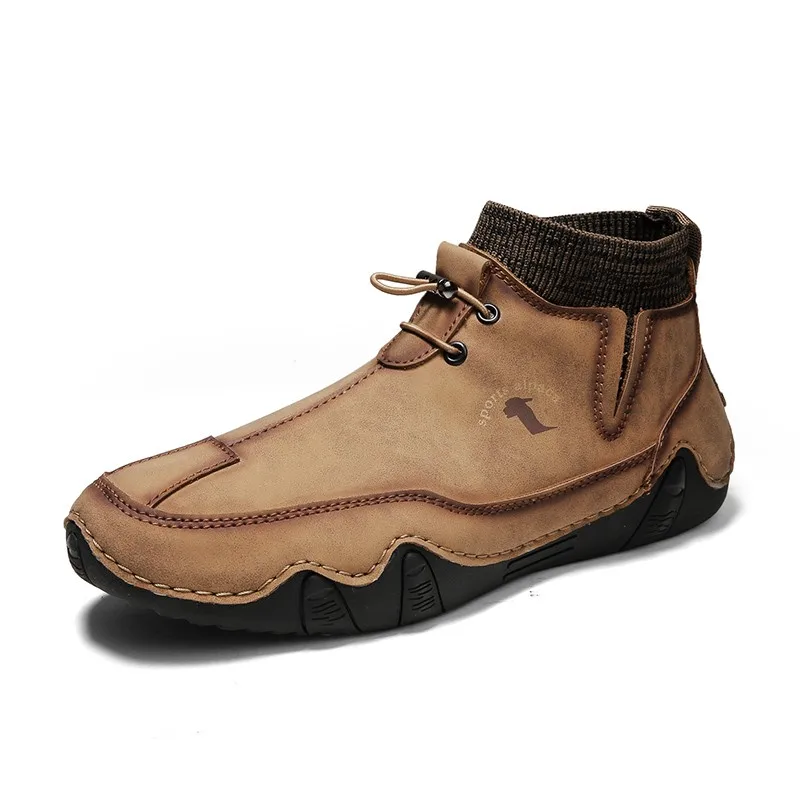 

Men Fashion Ankle Boots Waterproof Sneakers High Top Casual Shoes Men Handmade Autumn Outdoor Boots Khaki Non-Slip Flats Slipon