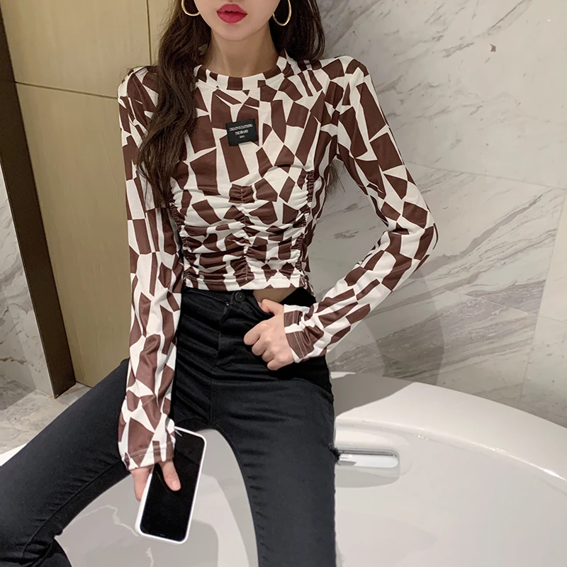 Autumn Women Vintage Long Sleeve Printing T-Shirt Female Slim Bodycon Short Top Casual Streetwear | Женская одежда