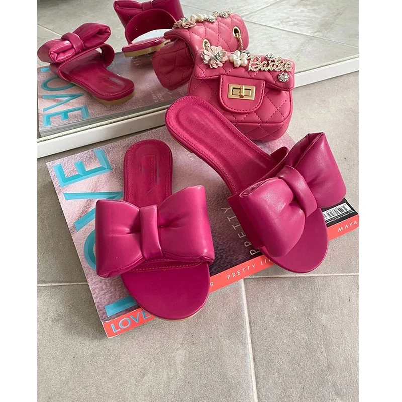 

New Style Summer Solid Color Casual All-match Flat Bottom Bow Decoration Outdoor Female Slippers Comfortable Beach Slippers