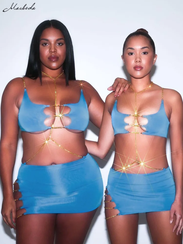 

Macheda/весна 2022, укороченный топ на бретельках с золотой цепочкой, с вырезом на груди, сексуальный Модный женский топ и юбка с низкой талией, ко...