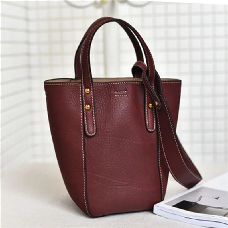 

High-quality genuine leather women's bag head layer soft cowhide personalized design bucket bag tote bag port style women's bag
