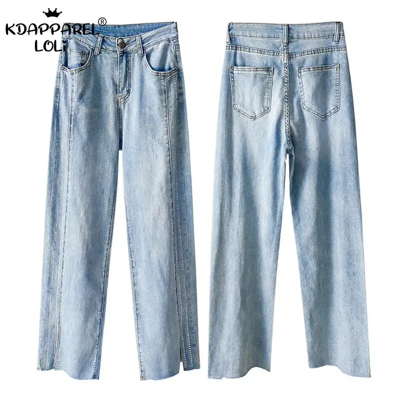 

Summer Women's Thin Denim Jeans Long Pants High Waist Wide Leg Trousers Slit Design Hot Drilling Strips Light Blue Street Girls