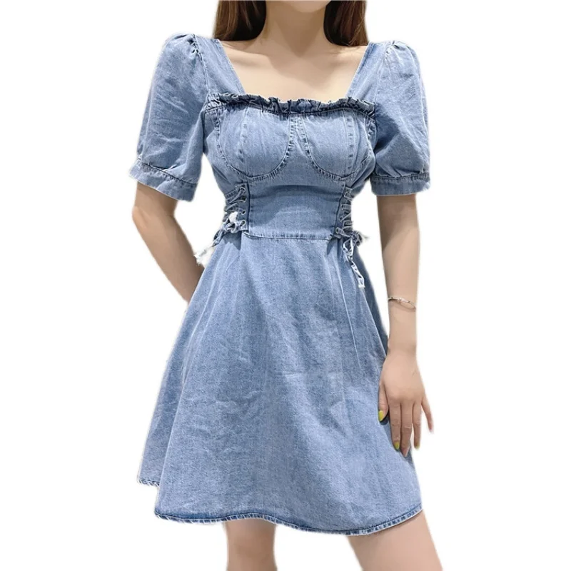 

COIGARSAM Short Sleeve Women one-piece dress korean New Summer Square Collar High Waist Dresses Blue A8565