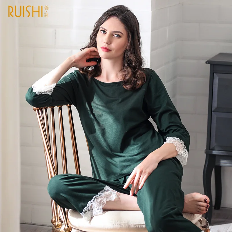 

Women's Modal Pajamas Casual Elegant Sleepwear 2 Piece Set Female Long Sleeve O-Neck Trouser Suits Lady Lace Home Suit MA70030