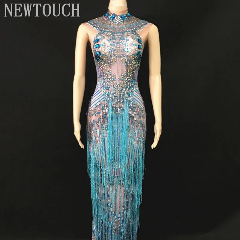 Блестящие синие бахромы платье певица исполнительные платья с кисточками