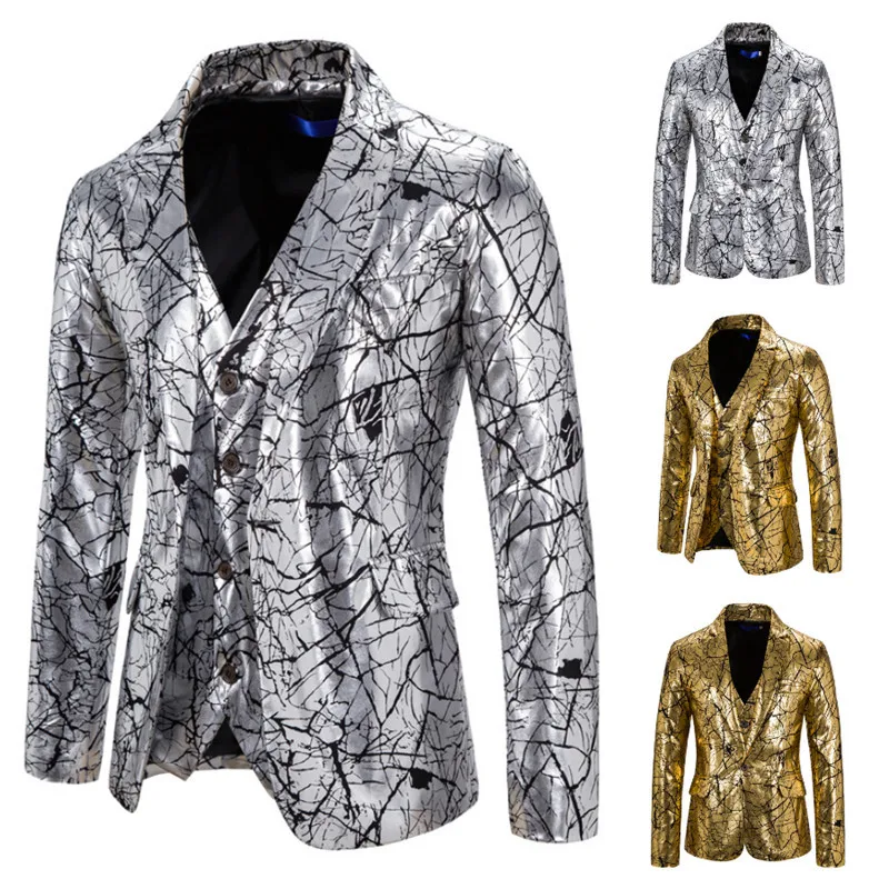 

Autumn Men's Gilding Suit Printed Wedding Party Lapel Single Breasted Long Sleeve With Pocket Personality Fashion Male Blazers