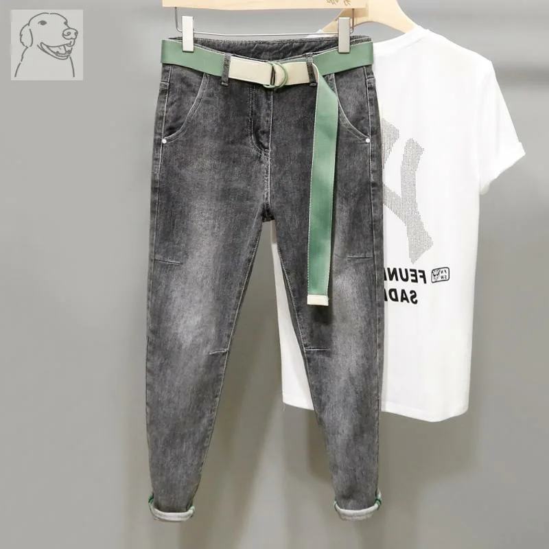 

Denim Jeans men's summer thin section loose trend casual slightly broken smoky gray simple casual small feet ankle length pants