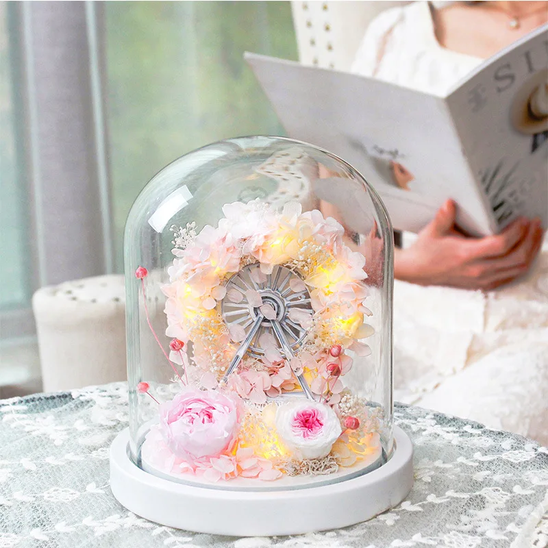 

Romantic Artificial Eternal Rose Real Flower LED Glass Dome Ferris Wheel Jewelry Box, Birthday, Valentine's Day, Christmas Gift