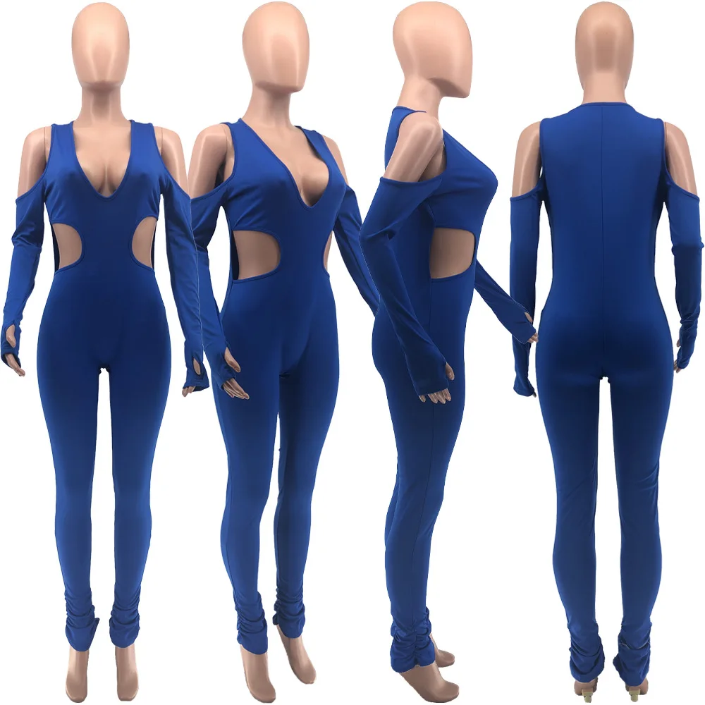 

Sexy Deep V-Neck Black Bodysuit Women Slim Off Shoulder Hollow Out Long Sleeve Stacked Jumpsuit Female Night Party Club Outfits