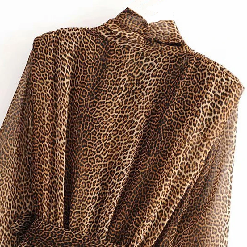 

2021 Leopard Print Chiffon Dress For Women Bowknot Long Sleeve High Waist Office Ladies Casual Fashion Mini Dresses
