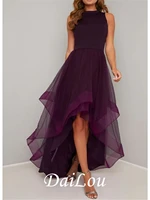 a line elegant prom dress jewel neck sleeveless asymmetrical tulle polyester with pleats 2021
