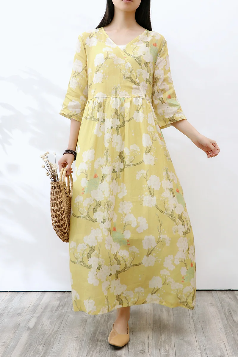 

Women Dress Spring Summer Korean Fashion Oversize Yellow 100% Ramie Midi Dress Elegant Floral Print Casual V-Neck Linen Dress