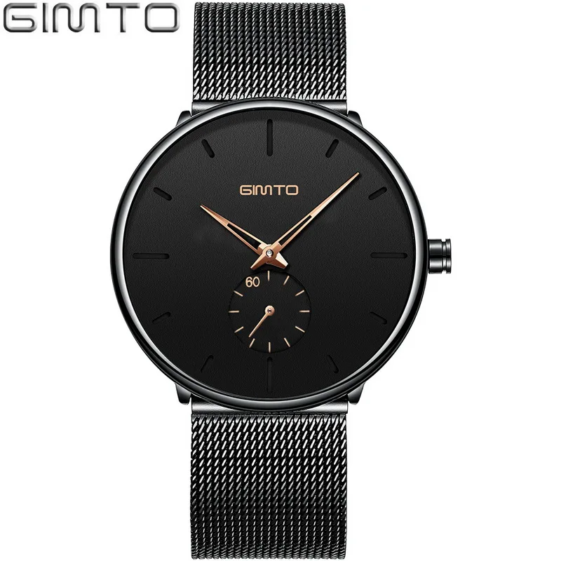 Модные мужские часы GIMTO Брендовые повседневные минимализм классные Черные