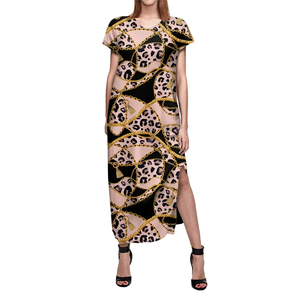 

Gold Chains And Leopard Skin On Black Background Loose Dress With Pockets Short Sleeve Long Maxi Dress For Women 2022 Summer