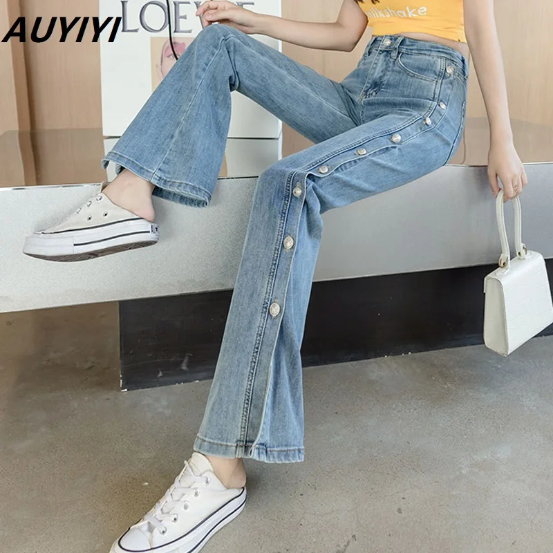 

AUYIYI Jeans Women's Loose Spring/Summer 2021 Fashion Small Wide Leg Pants High Waist Thin Button Slit Pants