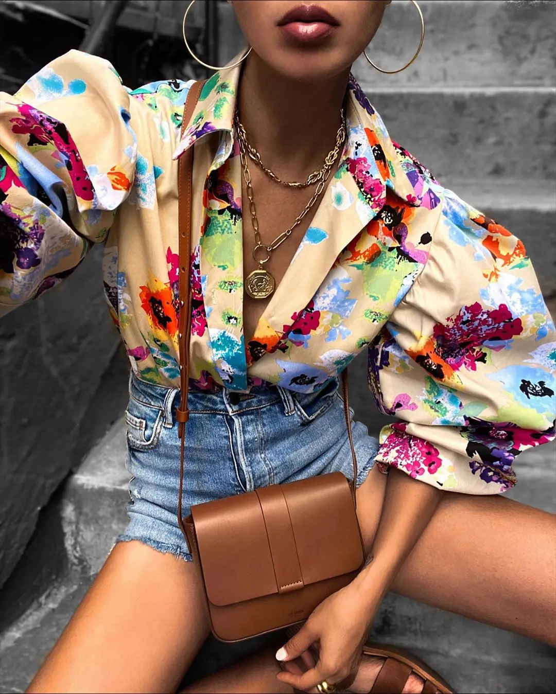 

Lantern Sleeve Fashion Print Sexy V-neck Shirt Women Tops Dropshipping