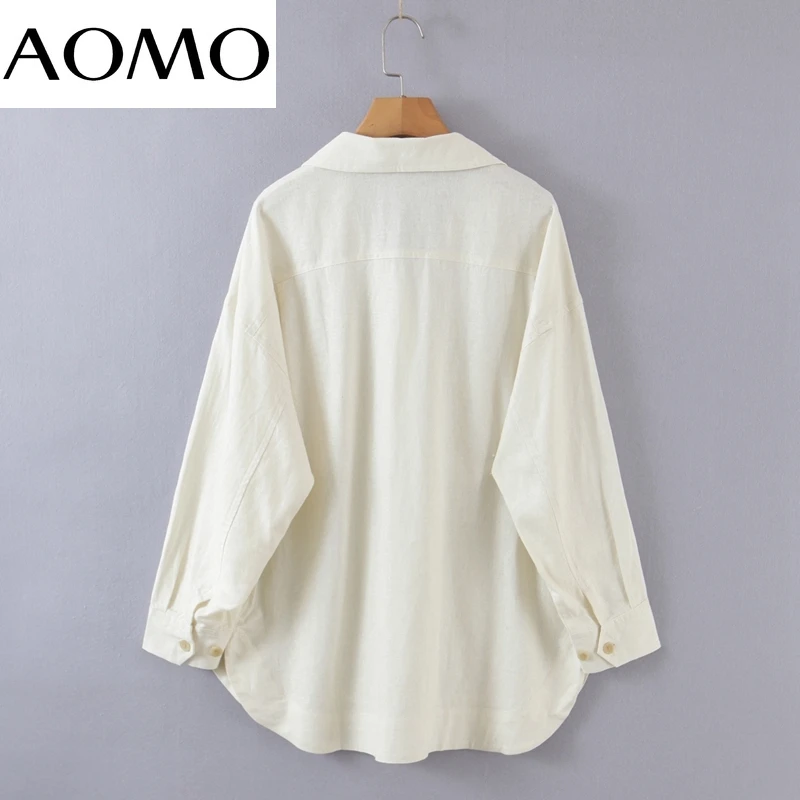 

AOMO Women Cotton Linen Jacket Pocket Loose Long Sleeves Pocket 2021 Autumn New Ladies High Street Coat 8H116A