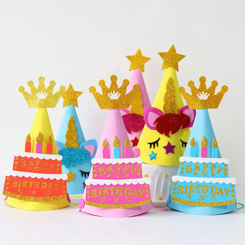 

13cm Star Crown Birthday Hat with Rope Kids Child Party Cute Crown Decoration Striped Conical Hat Paper Cap Party Supplies EVA