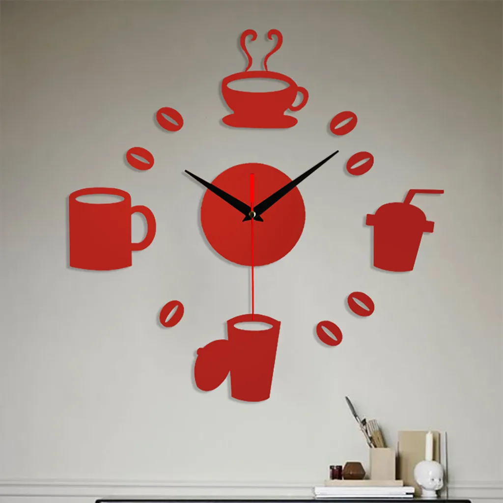 Home 3d Mirror Wall Clock Self Adhesive Modern Mute Acrylic Art Analog Kitchen Diy Coffee Cups Decor Large Decorative | Дом и сад