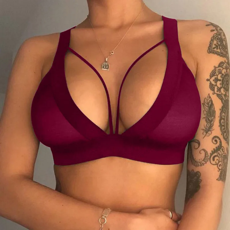 

Womens Bra Sexy Hollow Tops Solid Color Design Sling Non-Pad Wire-Free Anti-glare Crop Tops Low Chest Wild Fashion Outfit