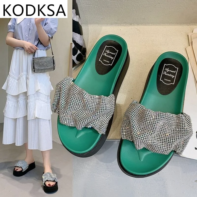 

2021 New Korean Version Of Fairy Style Daily Wear Slippers Female Summer Outside Wear Square Rhinestone Word