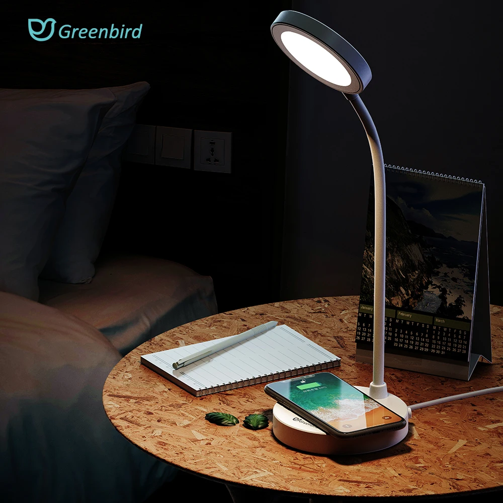 Greenbird настольная лампа 5 Вт с беспроводной зарядкой для телефона, белый светильник, настольная лампа, гибкая рукоятка для работы/спальни