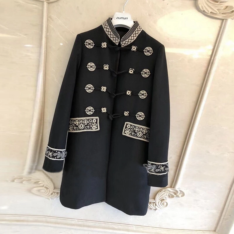 

2019 Runway Vintage Navy Embroidery Women Black Jacket Coat Luxury Fall Winter Stand Collar Windbreaker Jacket Long Coat
