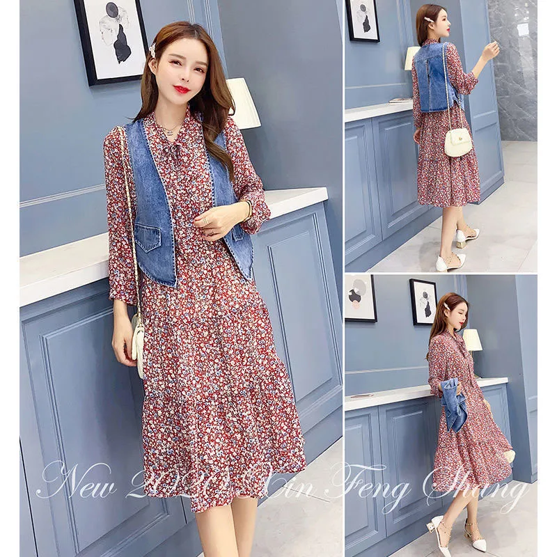 

Women's Spring Autumn Chiffon Dress Women's Long Sleeve Printed Bow Ruffles V-neck Elegant Slim Dress SS3629