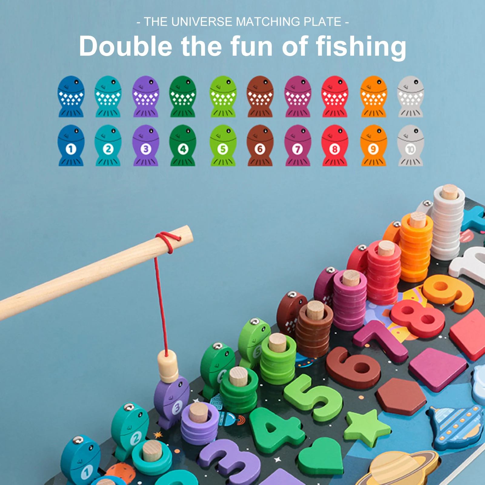 

Wooden Puzzles For Toddlers, 6-in-1 Color Alphabet Shape Number Sorting Fishing Game Toys Educational Math Stacking Block