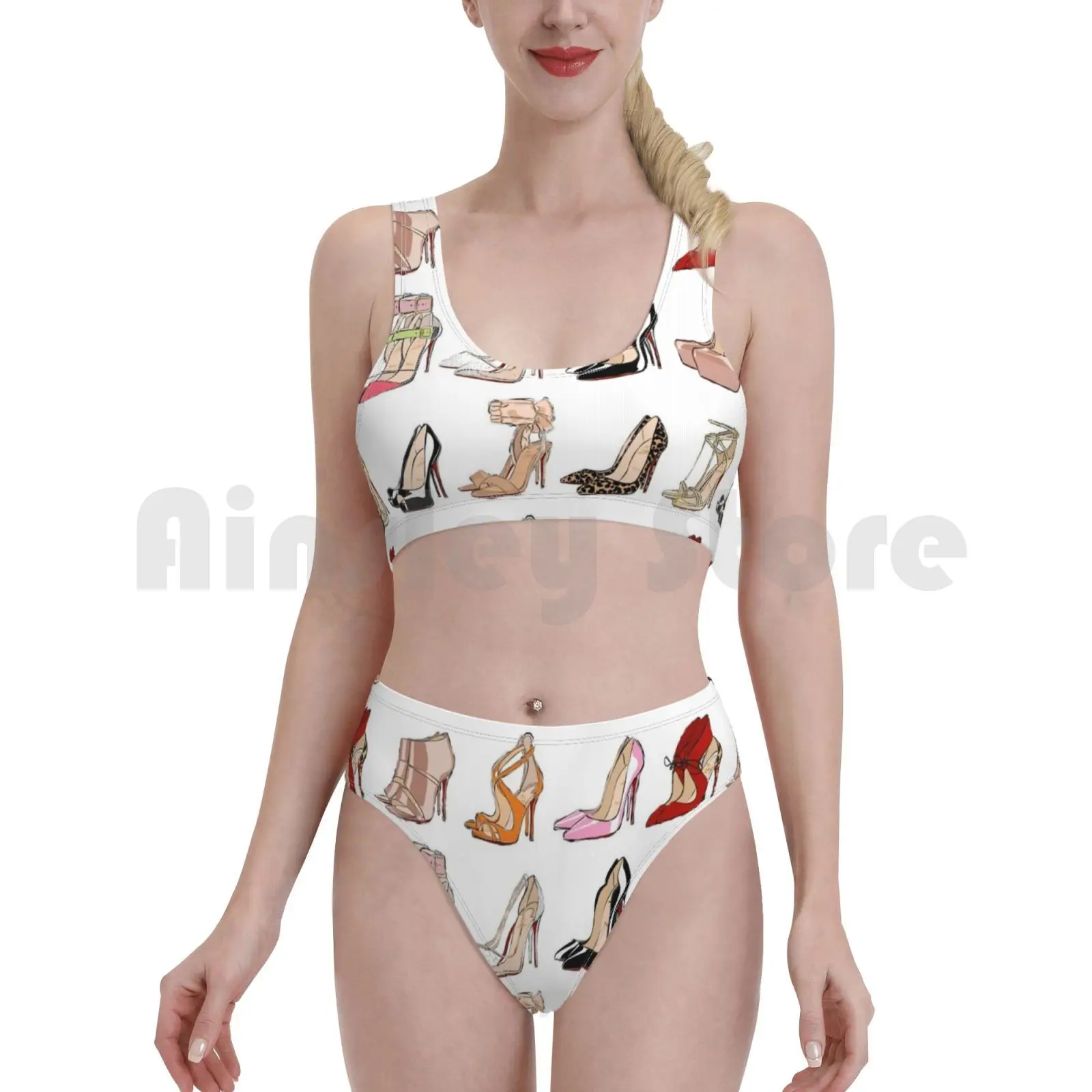 Купальник на каблуках бикини с подкладкой и высокой талией красные туфли лодочки