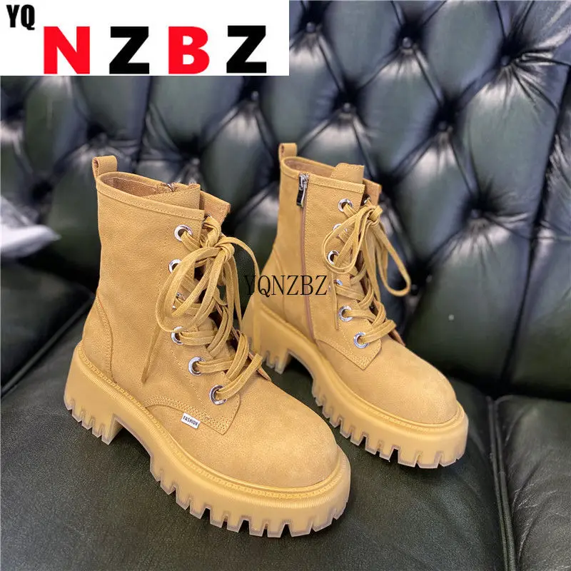 

Brand Lacing Up Boots Cowhide Leather 5 cm Square Heel High End Shoes Women European Style Cool Wearing