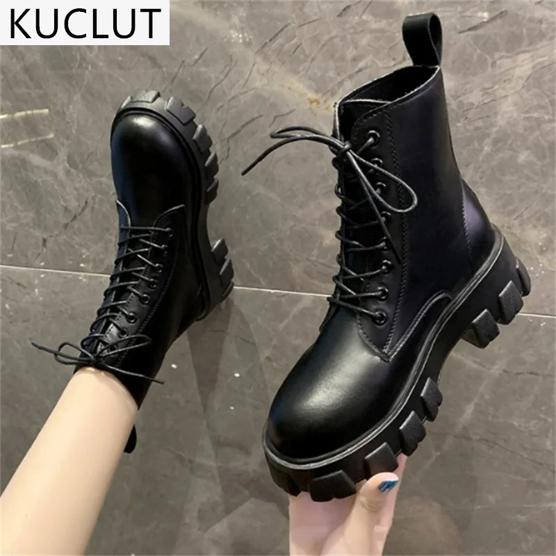 

2021 Autumn New Outdoor Comfortable Platform Pu Leather Women's Boots Fashion Lace-Up Square Heel Casual Women's Ankle Boots