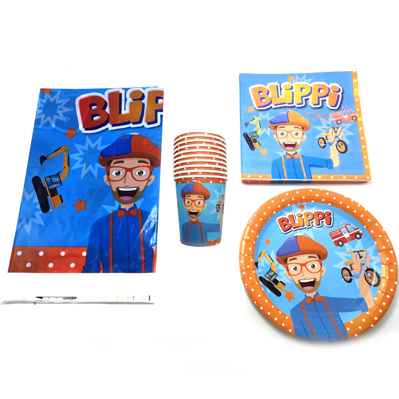 

122pcs/lot Boys Kids Favors Tableware Set Blippi Theme Plates Cups Dishes Birthday Events Baby Shower Party Tablecloth Napkins