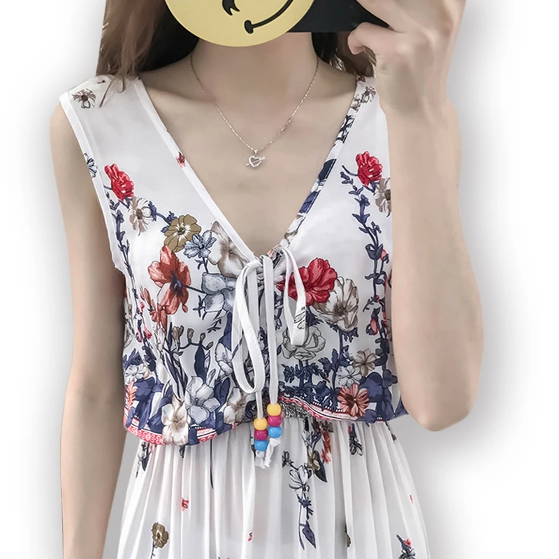 Летнее женское платье с цветочным принтом 2019 повседневное вечернее без рукавов