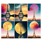 Алмазная 5d картина сделай сам с полным покрытием, пейзаж, вышивка, квадратная, круглая, сверло, луна, Париж, башня, мозаика, вышивка крестиком, искусство ручной работы, хобби