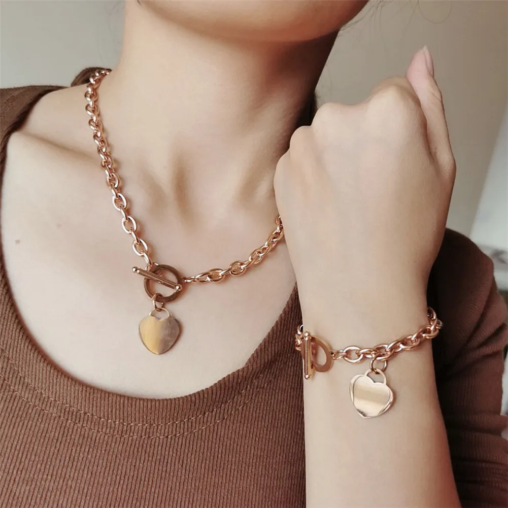 Stainless Steel Chain Heart Jewelry Sets For Women OT Clasp Peach Charm Toggle Necklace Bracelet Set | Украшения и аксессуары