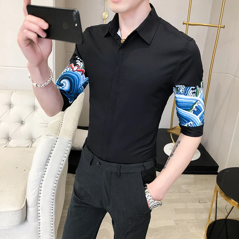

Loldeal British Style 3/4 Sleeve Shirt Comfortable Slim Fit Comfortable Cotton Mixed Printing Casual