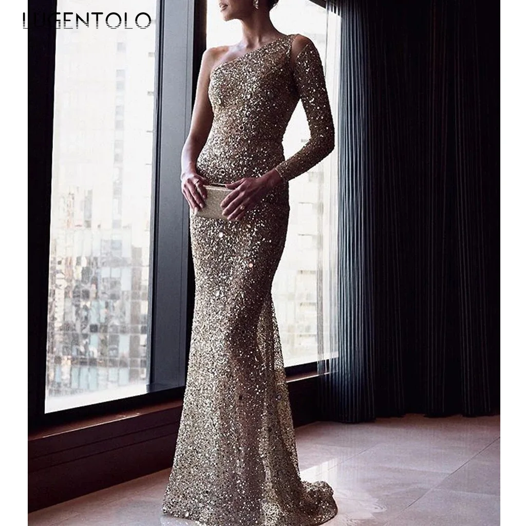 

Lugentolo Party Slim Dress Sexy One-shoulder Bronzing Dresses Ladies Shiny Diagonal Collar Dinner Fashion Long Dress