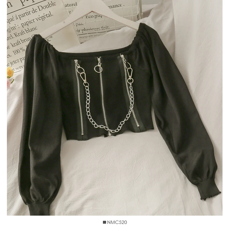 

Gothic Zipper Crop Top Women Sexy Off Shoulder Street T-shirts Clubwear Long Sleeve Tees Dark Black Vintage Clothes