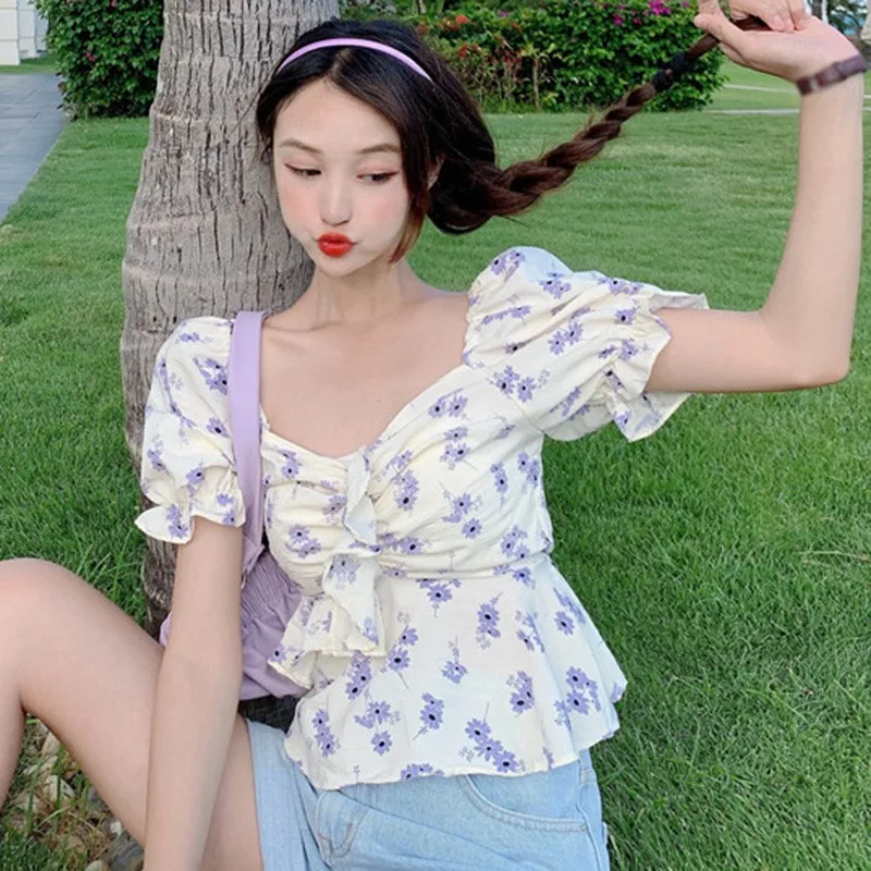 

Women Floral Print Blouse Summer Square Collar Sweet Short Sleeve Shirts Flare Sleeve Blouse