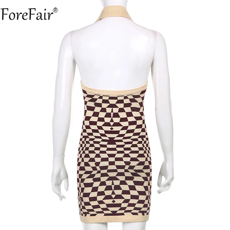 

Forefair 2021 V Neck Knit Halter Dress Women Backless Off Shoulder Plaid Print Bodycon Sexy Blue Mini Y2k Dresses Summer Vintage