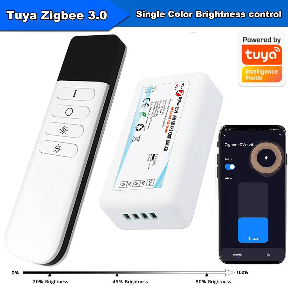 

5V 12V 24V 15A Tuya Zigbee 3.0 Smart Single Color Led Controller Dimmer + Zigbee 4key Multi-mode Remote Control For Google Alexa