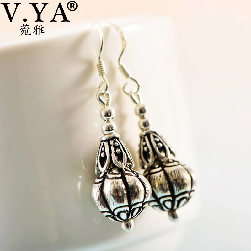 

V.YA 925 Sterling Silver Vintage Palace Lace Carved Blooming Earrings Thai Silver Flower Carved Lantern Earrings Fine Jewelry