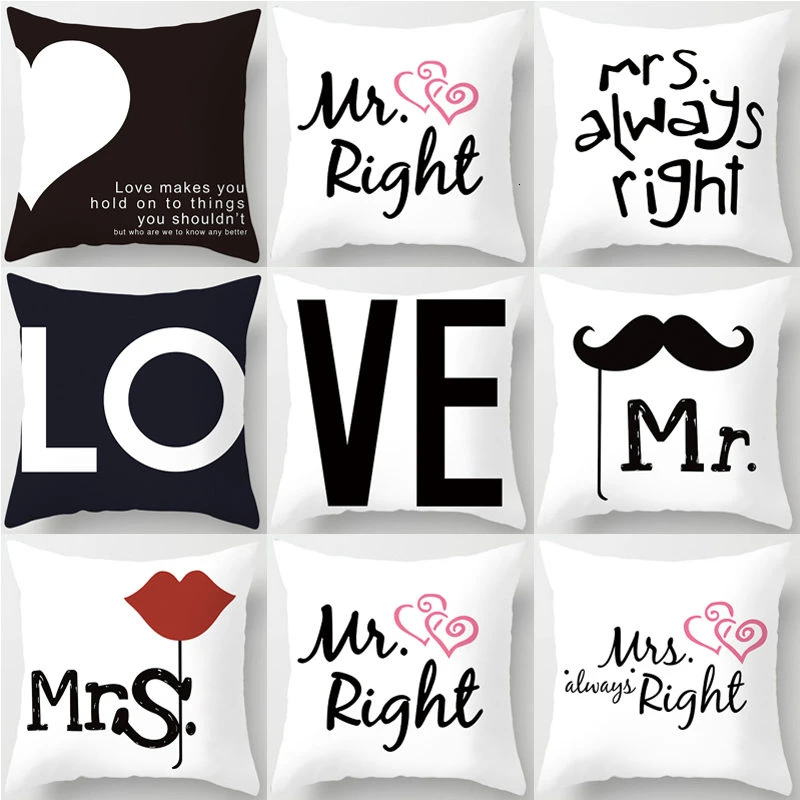 Подушка для двоих Love Mr Mrs Heart Полиэстеровая квадратная наволочка украшение