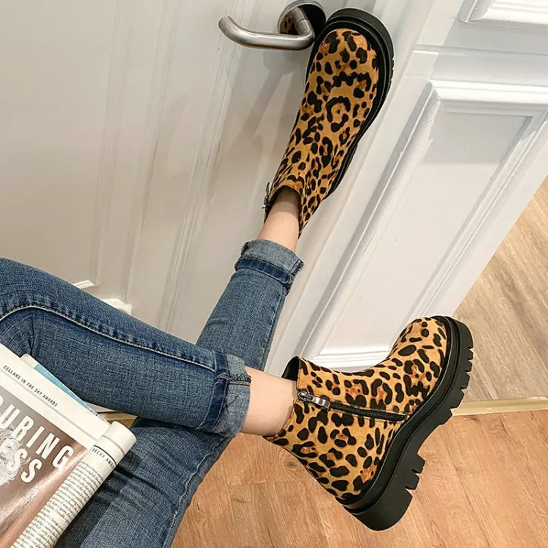 

Sexy leopard gothic shoes woman's ankle boots platfom chunky heels anti-skid slip-on winter shoes warm fleece chelsea boots lady
