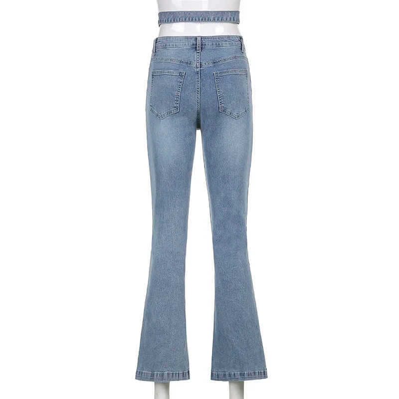 

Mandylandy Jeans Summer Fashion Low Waist Pocket Split Denim Flare Pants Women's Casual Solid Color Buttons Lace-up Jeans