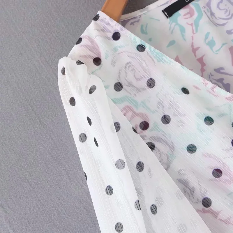 Женское белое платье в горошек с длинным рукавом и цветочным принтом | Женская