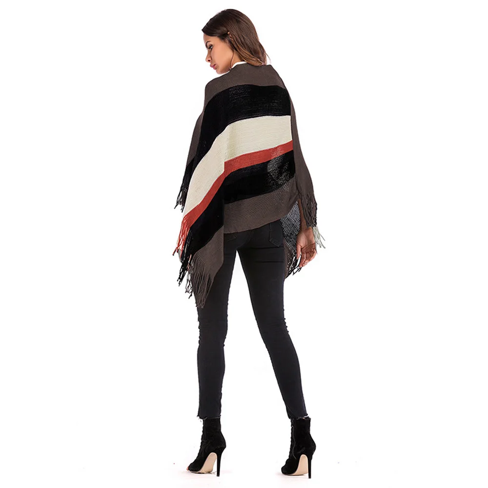 Joineles Autumn Wool Women Sweaters Stripe Tassels Fashion Knitwear Pullovers Female Outwear Tops Korean Style Cape Poncho | Женская
