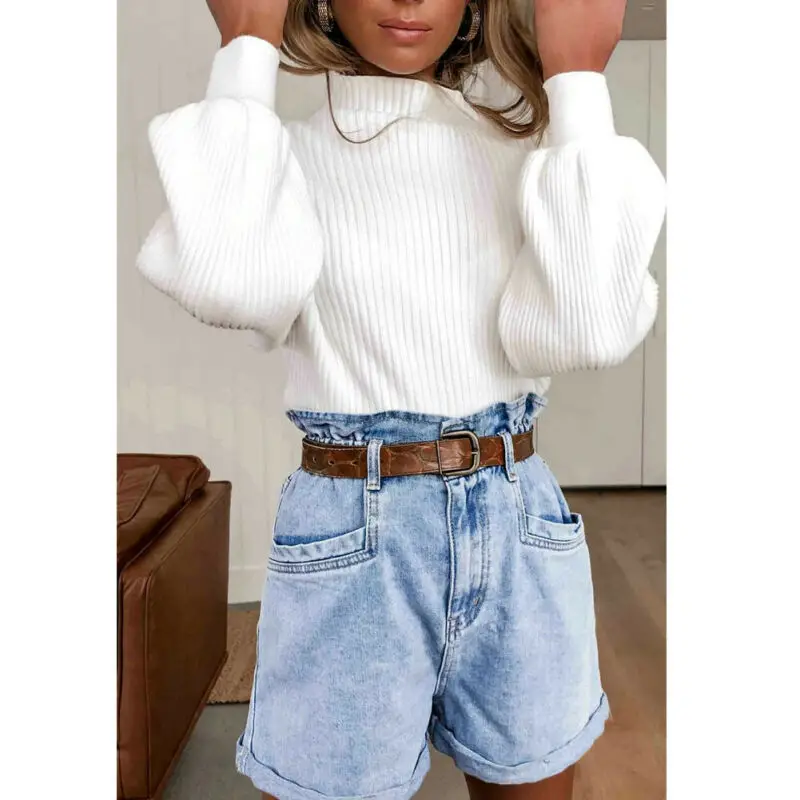 Женский базовый пуловер с высоким воротником простой белый вязаный свитер в