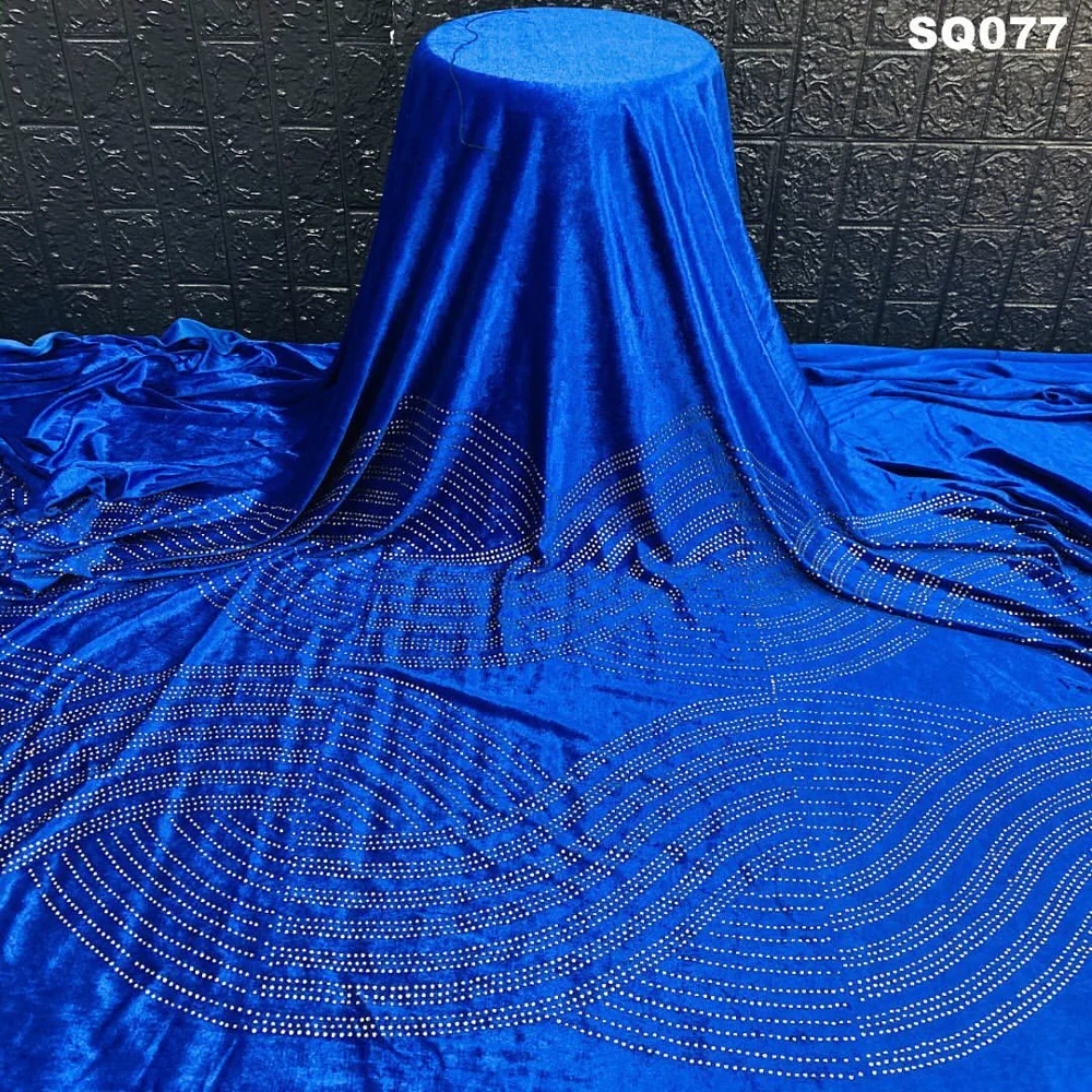 Небесно-голубая африканская бархатная кружевная ткань с вышивкой камнями для